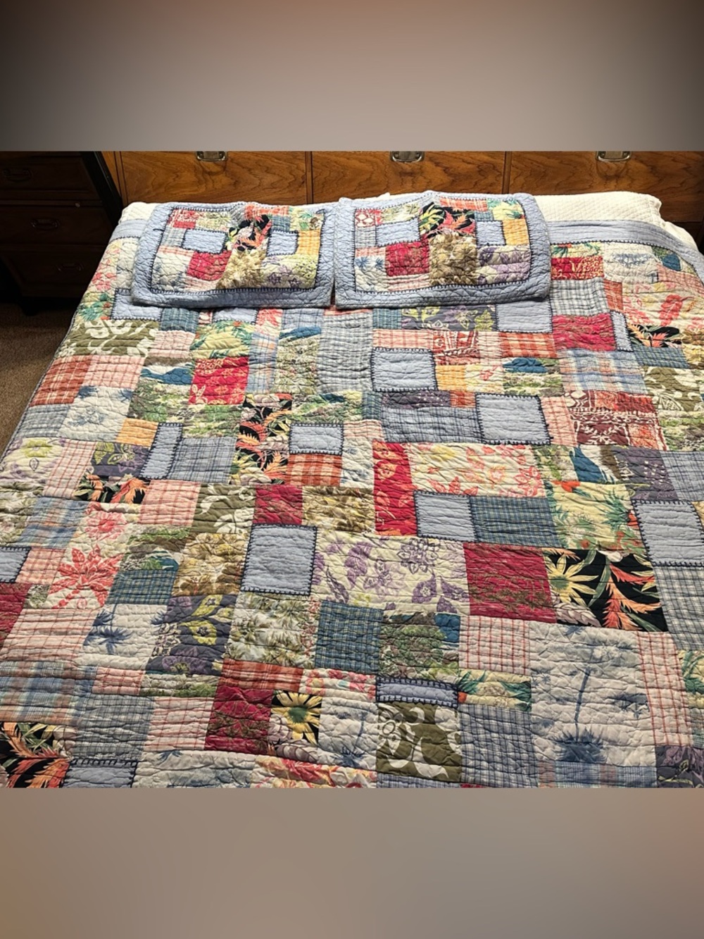 Pottery Barn Patchwork Quilt in Pastel Blue, Red, Green